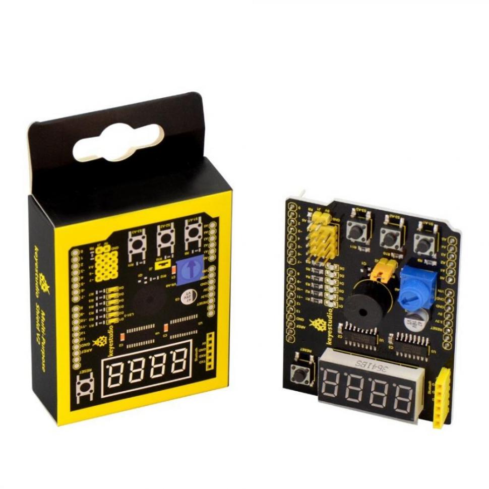 디바이스마트,오픈소스/코딩교육 > 아두이노 > 아두이노 호환쉴드,keyestudio,아두이노 다목적 쉴드 V2 [KS0184],UNO R3, MEGA2560 등의 주요 컨트롤러와 호환됩니다. / 프로그램 상태를 표시하는 6개의 LED 표시등이 있습니다. / 숫자를 표시하기 위한 4자리 LED 디스플레이가 함께 제공됩니다.