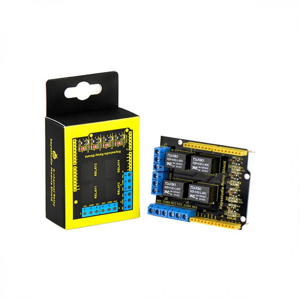 디바이스마트,오픈소스/코딩교육 > 아두이노 > 아두이노 호환쉴드,keyestudio,아두이노 4채널 5V 릴레이 쉴드 [KS0251],아두이노 우노 R3 호환 / 전원 인터페이스: 5V DC 전원 인터페이스 / 채널: 4채널 / PCB 색상: 검정색 / 크기(mm): 69*54*26 / 무게: 39.4g