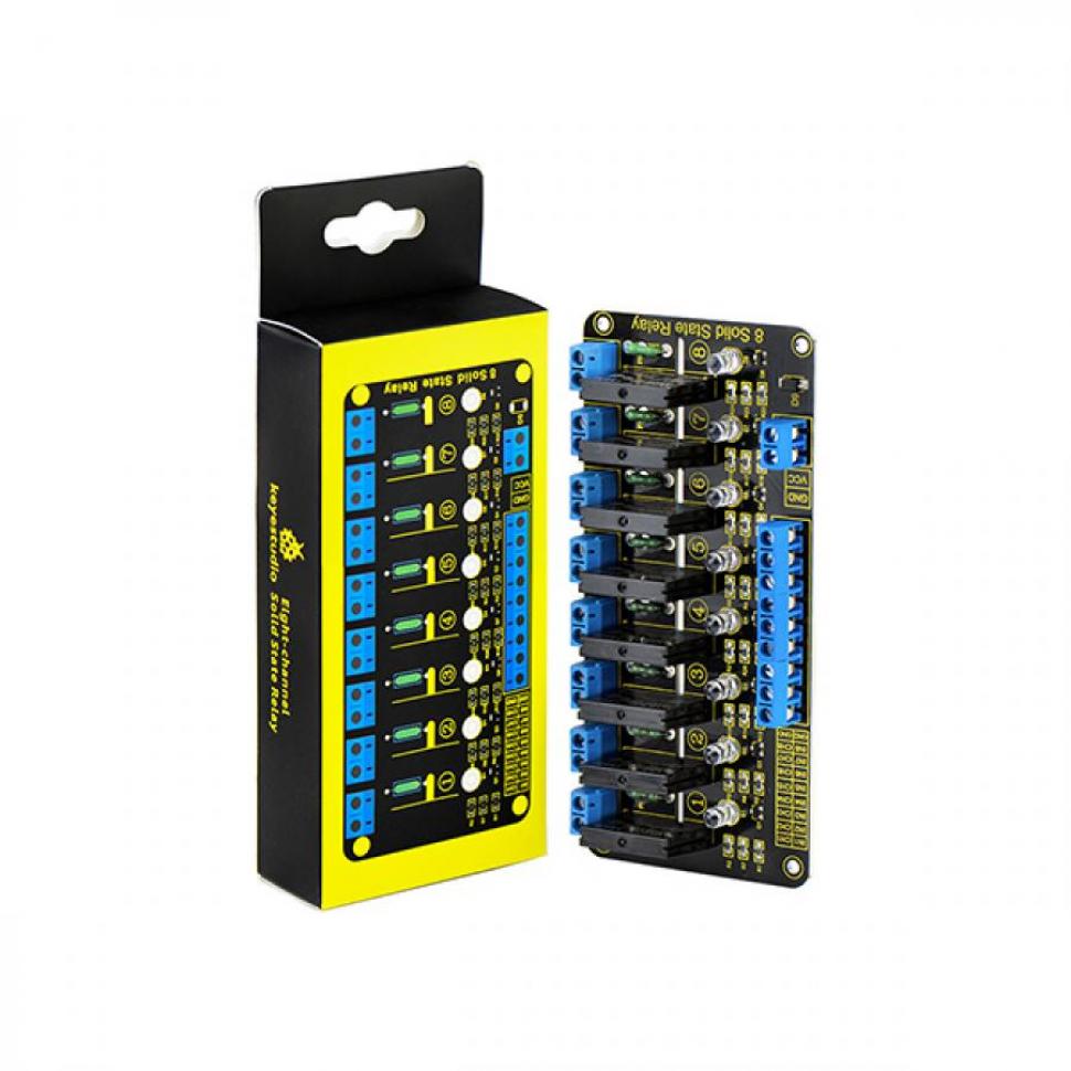 디바이스마트,오픈소스/코딩교육 > 아두이노 > 아두이노 스위치/릴레이모듈,keyestudio,아두이노 8채널 SSR 릴레이 모듈 [KS0266],출력 포트: AC 100V/2A / 솔리드 스테이트 릴레이(Solid State Relay)는 모든 전자 부품이 솔리드 스테이트로 구성된 새로운 종류의 비접촉식 스위칭 장치입니다.