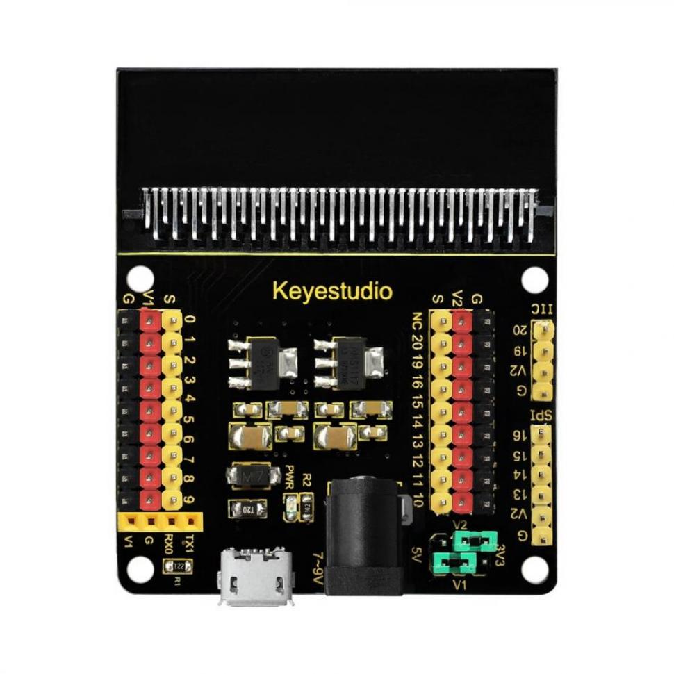 디바이스마트,오픈소스/코딩교육 > Micro:Bit > 마이크로비트 확장/변환보드,keyestudio,마이크로비트 센서 쉴드 V2 [KS0360],전원 입력: 검정색 DC 잭(DC 7-9V) 또는 마이크로 USB 포트(DC 5V) / micro:bit의 PIO를 3PIN 인터페이스로 확장 / 직렬 통신 핀 / I2C 통신핀 / SPI 통신핀