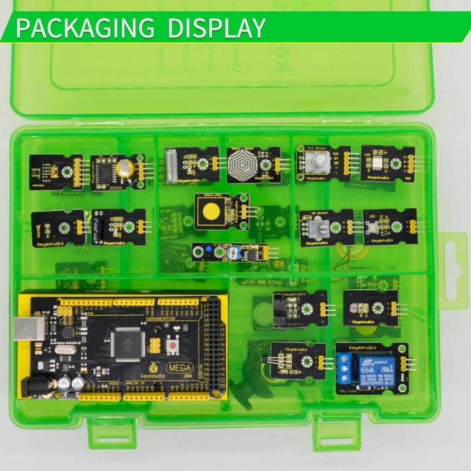 디바이스마트,오픈소스/코딩교육 > 아두이노 > 아두이노 교육용키트,keyestudio,아두이노 메가 37종 센서 스타터 V2.0 키트 (메가 2560 포함) [KS0401],디지털/아날로그 센서는 물론 초음파 모듈, 조이스틱, 릴레이 모듈, 가속 모듈 등의 특수 모듈이 들어 있습니다.
