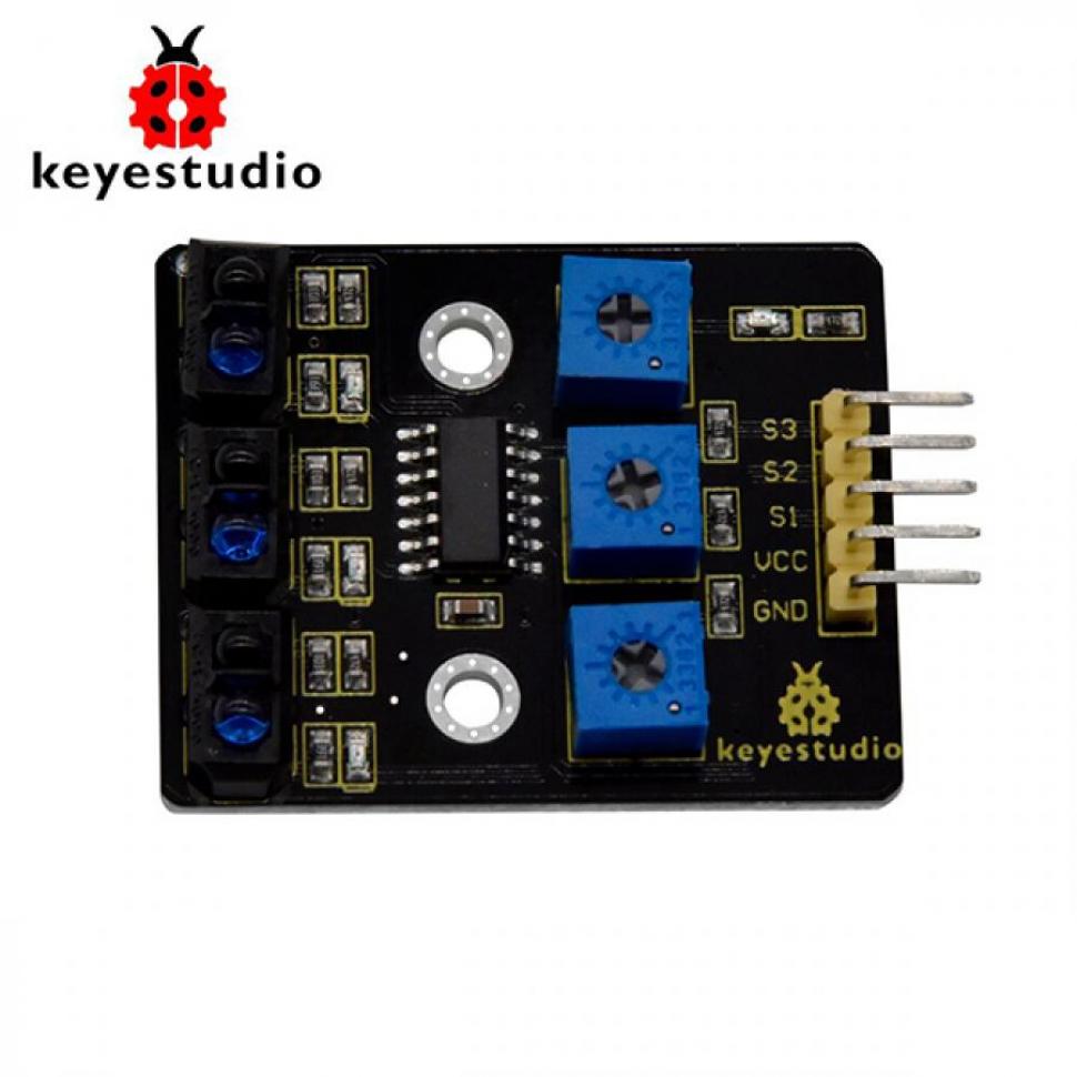 디바이스마트,오픈소스/코딩교육 > 아두이노 > 아두이노 센서모듈,keyestudio,아두이노 3채널 IR 적외선 라인 추적 센서 모듈 [KS0453],라인 추적 센서를 사용하여 스마트카가 라인을 따라가도록 합니다. / 감지 높이: 0~3cm / 인터페이스: 2.54mm 피치의 5핀