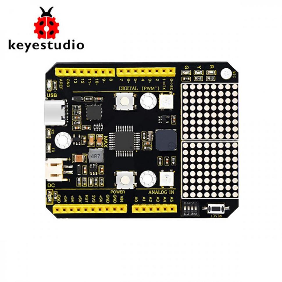 디바이스마트,오픈소스/코딩교육 > 아두이노 > 아두이노 호환보드,keyestudio,아두이노 Max 개발보드 + C타입 USB 케이블 [KS0501],3개의 LED, 2개의 6812RGB LED, 2개의 버튼 스위치, 부저, 마이크 센서, 조도 센서, 8*16 도트 매트릭스를 통합했습니다.