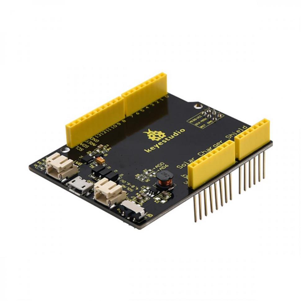 디바이스마트,MCU보드/전자키트 > 전원/신호/저장/응용 > 태양열/태양추적,keyestudio,아두이노 태양광 충전 쉴드 [KS0521],배터리 입력 전압: DC 3.0-4.5V / USB 입력 전압: DC 4.75-5.25V / 태양광 입력 전압: DC 4.8-6V / 최대 출력 전력(배터리 포함): 3W(600mA@5V) / 리플 전압: 