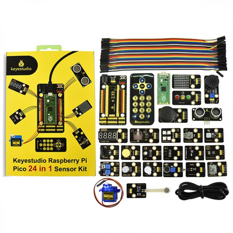 디바이스마트,오픈소스/코딩교육 > 라즈베리파이 > 라즈베리파이 교육용키트,keyestudio,라즈베리파이 24종 센서 스타터 키트 [KS3021],24개의 센서/모듈, Raspberry Pi Pico 보드, Raspberry Pi Pico 확장 보드 및 점퍼 와이어로 주로 구성되어 있습니다.