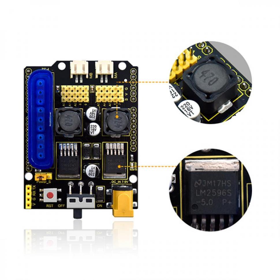 디바이스마트,오픈소스/코딩교육 > 아두이노 > 아두이노 호환쉴드,keyestudio,아두이노 TB6612FNG 서보 드라이브 쉴드 (PS2 소켓 포함) [KS0363],LM2596S-5.0V DC-DC 감압 모듈 2개가 장착된 확장 보드로, 여러 서보를 쉽게 구동할 수 있습니다.