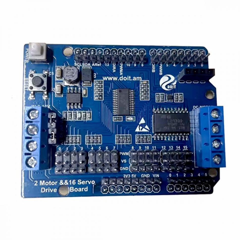 디바이스마트,오픈소스/코딩교육 > 아두이노 > 아두이노 모터/드라이버모듈,SMG,아두이노 모터 드라이버 16CH 서보 + 2CH DC + 블루투스 [LSY-002],아두이노 및 ESPduino에 적층하여 사용할 수 있는 모터 드라이버로 2CH DC모터(4.5~36V)와 16CH 서보(5~18V)를 동시에 제어 및 블루투스를 장착할 수 있고, 최대 구동 전류는 1.2A입니다.