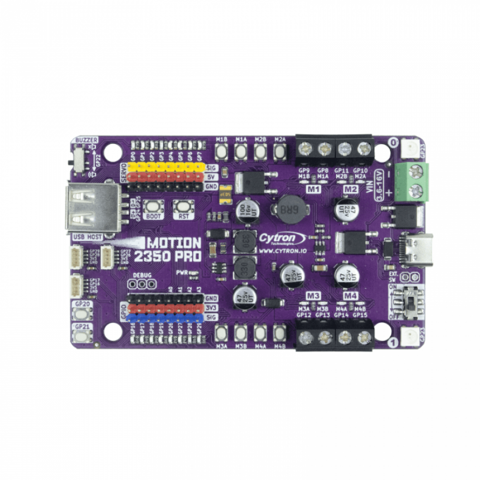 디바이스마트,오픈소스/코딩교육 > 파이썬/IoT 개발 보드 > RP2040/RP2350,Cytron,MOTION 2350 Pro - Advanced Robotics Controller for Beginners [MOTION-2350-PRO],RP2350 칩 / 최대 4개의 브러시 DC 모터 제어 가능 / 8채널 5V 서보 포트, 8채널 GPIO / C타입 / 전압 : 3.6V ~ 16V