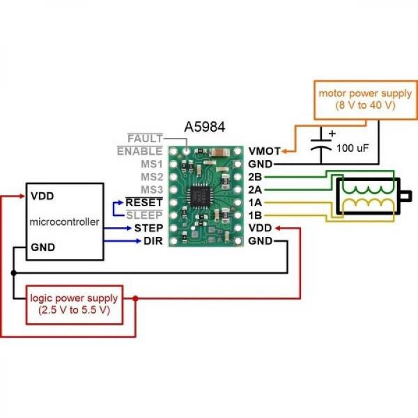 디바이스마트,기계/제어/로봇/모터 > 모터드라이버 > 스텝모터 드라이버 > 바이폴라 스텝모터 드라이버,Pololu,A5984 Stepper Motor Driver Carrier, Fixed 500mA@5V / 330mA@3.3V #5350,8가지 다른 마이크로스테핑 분해능(1/32단계까지) 제공 / 과전류 및 과열 보호 기능 / VDD : 5V @ 500mA, VDD : 3.3V @ 330mA