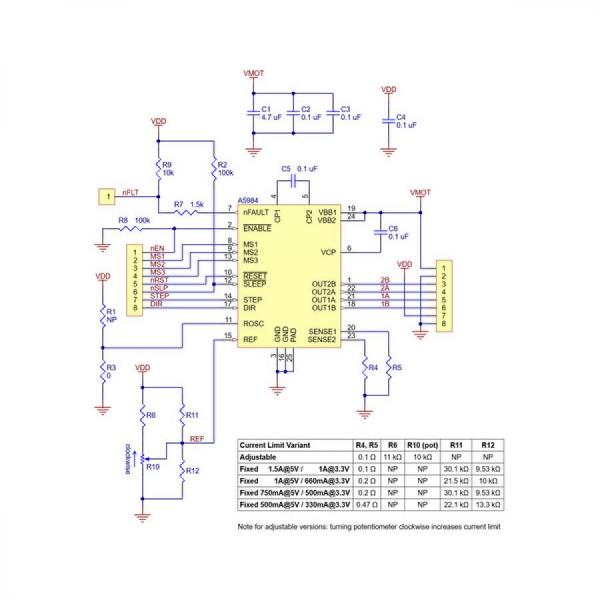 디바이스마트,기계/제어/로봇/모터 > 모터드라이버 > 스텝모터 드라이버 > 바이폴라 스텝모터 드라이버,Pololu,A5984 Stepper Motor Driver Carrier, Fixed 500mA@5V / 330mA@3.3V #5350,8가지 다른 마이크로스테핑 분해능(1/32단계까지) 제공 / 과전류 및 과열 보호 기능 / VDD : 5V @ 500mA, VDD : 3.3V @ 330mA