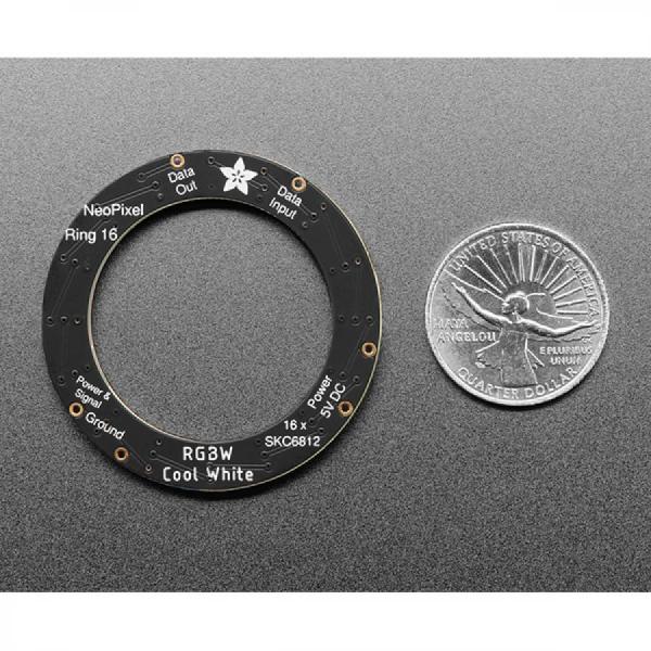 디바이스마트,LED/LCD > LED 인테리어조명 > LED 모듈,Adafruit,NeoPixel Ring - 16 x 5050 RGBW LEDs w/ Integrated Drivers - Cool White - ~6000K [ada-2856],쿨 화이트 / 16개의 초고휘도 스마트 LED NeoPixels가 1.75인치(44.5mm) 외경의 원형으로 배열 / 전원 공급 : 5VDC / 800KHz 프로토콜 사용
