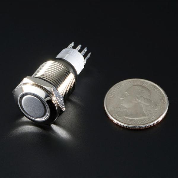 디바이스마트,스위치/부저/전기부품 > 스위치 > 푸쉬버튼 스위치 > 메탈 스위치,Adafruit,Rugged Metal Pushbutton with White LED Ring - 16mm White Momentary [ada-558],흰색 플라스틱 LED 링 / 순간 푸시 버튼 / 스위치 정격 : 3A/ 250VDC / 온도 : -20 C ~ +55 C / 램프 정격 전압 : 6V / 작동압력 : 1.5 - 2.5N