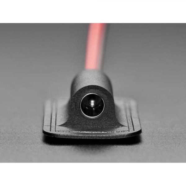 디바이스마트,커넥터/PCB > 플러그/잭 > DC잭/플러그 > DC잭,Adafruit,Sewable Connector with 5.5/2.1mm DC Jack [ada-6075],베이스에 수평으로 배치되어 있으며 빨간색과 검은색 전선이 바닥을 통과합니다