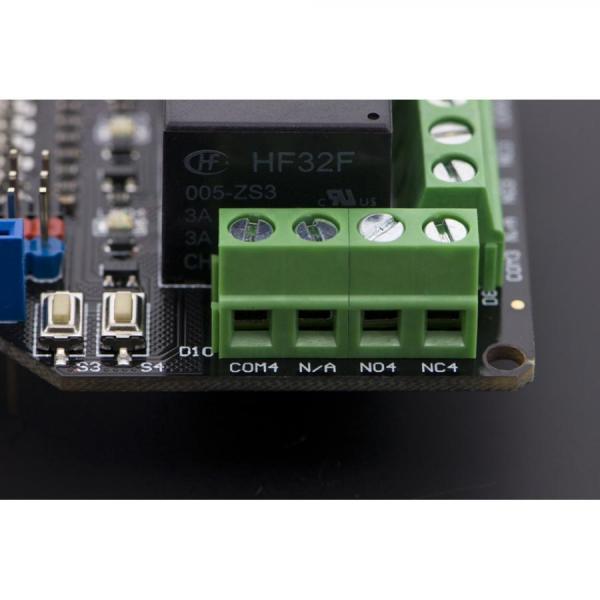 디바이스마트,오픈소스/코딩교육 > 아두이노 > 아두이노 스위치/릴레이모듈,DFROBOT,Arduino UNO용 4채널 릴레이 실드 [DFR0144],각 채널에 대해 AC 240V 5A 또는 DC 24V 5A로 작동 / 4채널 절연 릴레이 우노 실드 / Arduino UNO Rev3와 호환 / 작동 온도 -30℃ ~ +85℃