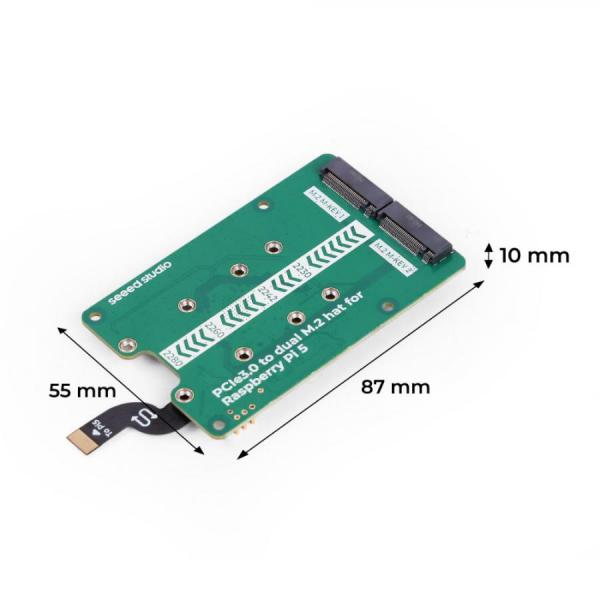 디바이스마트,오픈소스/코딩교육 > 라즈베리파이 > 라즈베리파이 확장보드/HAT,Seeedstudio,라즈베리파이5 전용 PCIe3.0 to dual M.2 hat (NVMe SSD 및 Hailo8/8L 호환) [103110065],라즈베리파이 5 전용 / PCle 3.0 듀얼 채널  / 후면 장착형 / PCle 스위치 칩 : ASM2806 / 최대 전력 공급 : 5V/3A