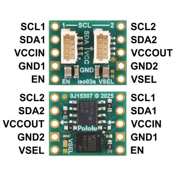 디바이스마트,MCU보드/전자키트 > 통신/네트워크 > 절연 통신,Pololu,Pololu I²C Isolator with Isolated Power and Connectors, ISO1640, MIE1W0505BGLVH, 5V/3.3V, 200mA #5393,JST SH 4핀 커넥터 포함 / 양방향 I²C 통신 / 선택 가능한 5V 또는 3.3V 조절 출력/ 입력 전압 범위 : 3V ~ 5.5V / 최대 출력 전류 : 200mA