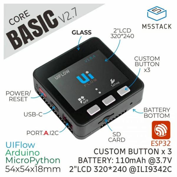 디바이스마트,오픈소스/코딩교육 > 파이썬/IoT 개발 보드 > M5STACK > 컨트롤러,M5Stack,ESP32 Basic Core IoT Development Kit V2.7 [K001-V27],Core Based on ESP32 development / 16M FLASH / Integrated full-color high-definition IPS display panel and a variety of hardware peripherals / Product size: 54 x 54 x 18mm