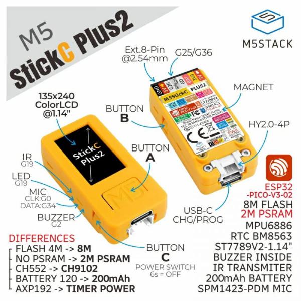 디바이스마트,오픈소스/코딩교육 > 파이썬/IoT 개발 보드 > M5STACK > 컨트롤러,M5Stack,StickC PLUS2 : 초소형 다기능 IoT 개발 키트 (ESP32 내장) [K016-P2],초소형 올인원 IoT 개발보드 / ESP32-PICO 내장 (Wi-Fi & 블루투스) / 1.14인치 컬러 LCD / 6축 IMU 센서 / 적외선(IR) 송신 / 마이크 / RTC / 200mAh 배터리 내장 / 크기 : 48 x 25 x 13mm