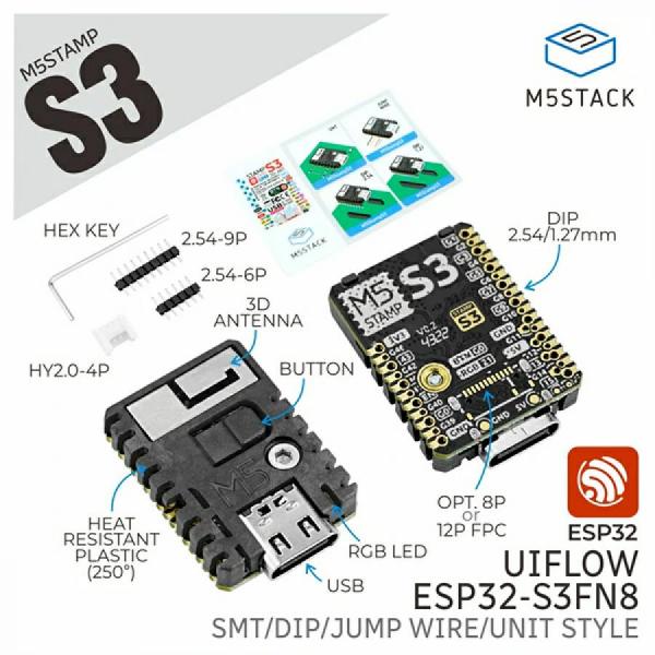 디바이스마트,오픈소스/코딩교육 > 파이썬/IoT 개발 보드 > M5STACK > 컨트롤러,M5Stack,STAMPS3-ESP32S3 Module [S007],ESP32-S3FN8(2.4GHz Wi-Fi) / Minimal system board / Multi-IO lead-out, support multiple application forms (SMT, DIP, flying wire) / Product Size: 26mm × 18mm × 4.6mm