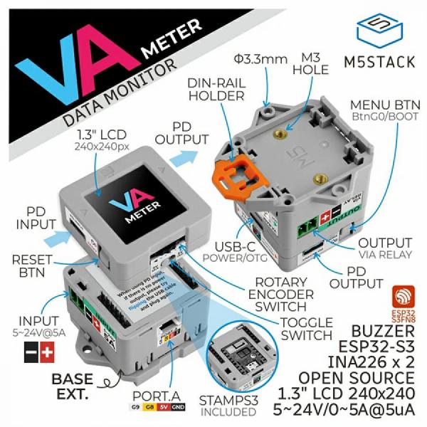 디바이스마트,오픈소스/코딩교육 > 파이썬/IoT 개발 보드 > M5STACK > 컨트롤러,M5Stack,VA meter-Voltage and Amperage Meter with M5StampS3 [K136],High precision current detection (2.5uA/250uAResolution switching) / Wide voltage input (5-24V) / Cloud (EZData) data display / Product Size: (VAMeter 36 x 36 x 14.7mm), (VAMeter 36 x 36 x 20.3mm), (Rail Fastening 51.5 x 48 x 5.5mm)