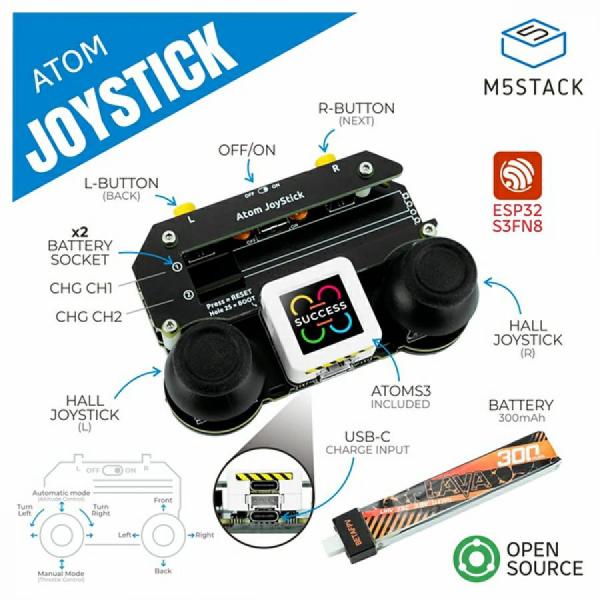 디바이스마트,오픈소스/코딩교육 > 파이썬/IoT 개발 보드 > M5STACK > 로봇/드론,M5Stack,M5Atom Joystick with M5AtomS3 [K137],STM32F030F4P6 / Equipped with M5AtomS3 / Compatible with Atom Lite, Atom Matrix, AtomS3 Lite, AtomS3 / Product Size: 84 x 60 x 31.5mm