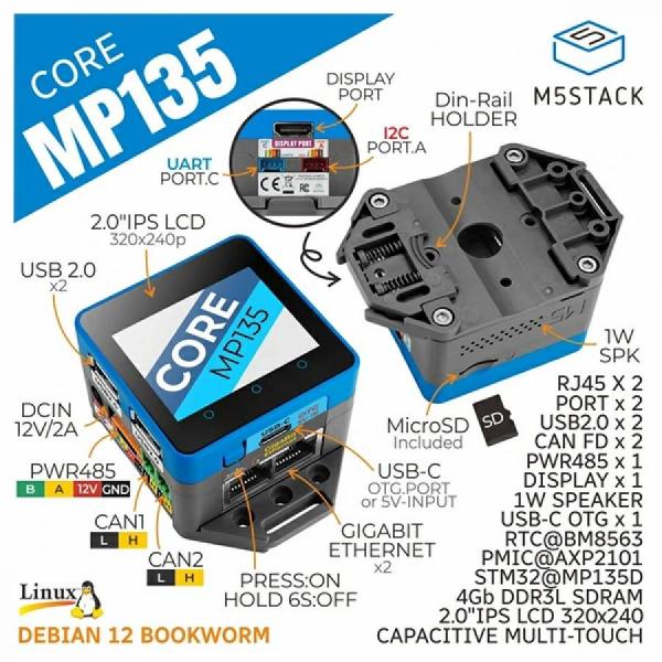 디바이스마트,오픈소스/코딩교육 > 파이썬/IoT 개발 보드 > M5STACK > 컨트롤러,M5Stack,CoreMP135-w/ STM32MP135D [K135],CoreMP135 STM32MP135DAE7@Arm Cortex-A7@1GHz / Linux Standard Platform / Rich peripheral interfaces (CAN\RS485\ gigabit network port, etc.) / Product Size: 54.0 x 54.0 x 34.5mm