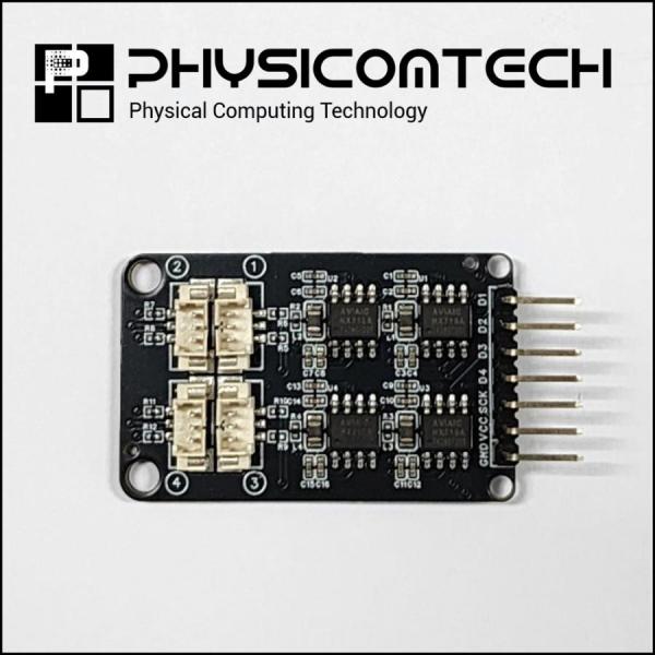 디바이스마트,MCU보드/전자키트 > 센서모듈 > 기압/무게/로드셀/Flex > 로드셀/무게/압력센서,피지컴텍,4채널 로드셀 무게측정 앰프 모듈(HX710A),HX710A 앰프 4개를 내장하여 4개의 로드셀 각각의 무게 측정과 함께 무게중심의 변화를 감지할 수 있는 체중계 센서 모듈입니다.