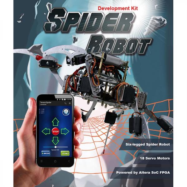 디바이스마트,MCU보드/전자키트 > 프로세서/개발보드 > FPGA,Terasic,Intel Terasic Spider [P0425],Spider Robot Kit / 18개의 서보 모터로 구동되는 6개 다리 보행 로봇 / 18개의 서보 모터는 Terasic Spider 내부에 내장된 Altera DE0-Nano-SoC 보드에서 생성된 PWM 신호로 제어