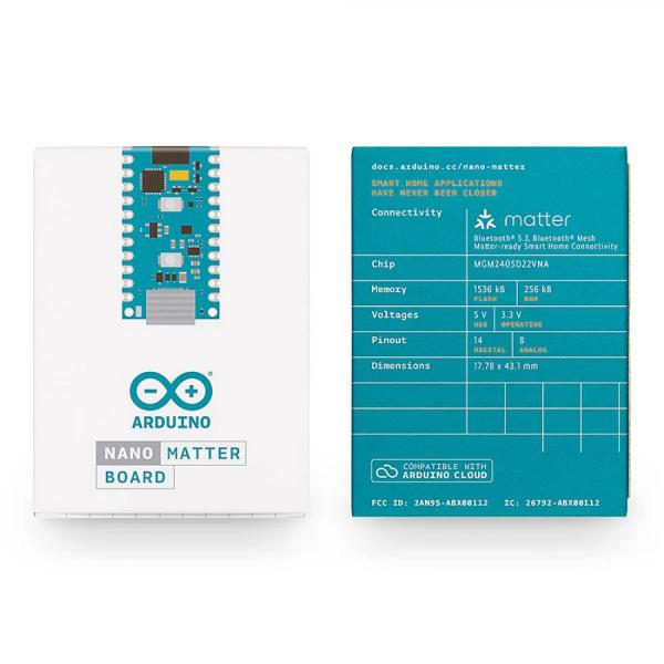 디바이스마트,오픈소스/코딩교육 > 아두이노 > 아두이노 정품 보드/쉴드/키트,아두이노,Arduino Nano Matter,ABX00112 / 32-bit Arm® Cortex®-M33 MGM240SD22VNA 기반 / 스마트홈 IoT를 위한 고급 Matter 표준 완벽 통합 / 18 x 45 mm의 콤팩트한 크기 / 802.15.4 (Thread), 블루투스 BLE 및 OpenThread® 등 저전력 프로젝트에 적합 / 1536 kB Flash, 256 kB RAM / USB-C / 보안 : Secure Vault™ High