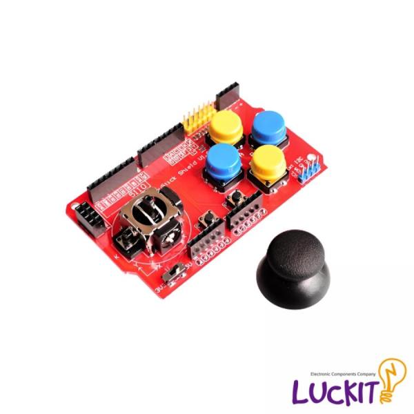 디바이스마트,MCU보드/전자키트 > 버튼/스위치/제어/RTC > 버튼/스위치/조이스틱,럭킷,아두이노 PS 조이스틱 쉴드,온보드 스위치 : 3.3V, 5V 전환 / 작동 전류 : 15mA / 라운드 푸쉬버튼 4개, 스몰 푸쉬버튼 2개