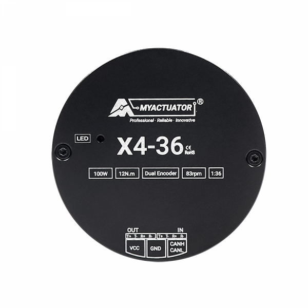 디바이스마트,기계/제어/로봇/모터 > 모터류 > BLDC모터 > 브랜드(MyActuator) BLDC모터,MyActuator,RMD-X4-P36-36-E 지능형 로봇 관절 모터 (듀얼 엔코더 + 드라이버 내장),RMD-X Series / 외골격·관절용 BLDC 모터 / 정격 전압: 24V DC / 피크 토크: 34N·m / 감속비: 36:1 / 무부하 속도: 111 RPM / 정격 속도: 83 RPM / 정격 출력: 100W / 통신 방식: EtherCAT / 듀얼 엔코더(ABS 17bit 입력 / 18bit 출력) 및 드라이버 내장형 V4 / seeed SKU: 114090068