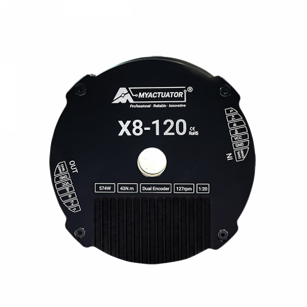 디바이스마트,기계/제어/로봇/모터 > 모터류 > BLDC모터 > 브랜드(MyActuator) BLDC모터,MyActuator,RMD-X8-P20-120-E 지능형 로봇 관절 모터 (듀얼 엔코더 + 드라이버 내장),RMD-X Series / 외골격·관절용 BLDC 모터 / 정격 전압: 48V DC / 피크 토크: 120N·m / 감속비: 19.612:1 / 무부하 속도: 158 RPM / 정격 속도: 127 RPM / 정격 출력: 574W / 통신 방식: EtherCAT / 듀얼 엔코더(ABS 17bit 입력/출력) 및 드라이버 내장형 V4