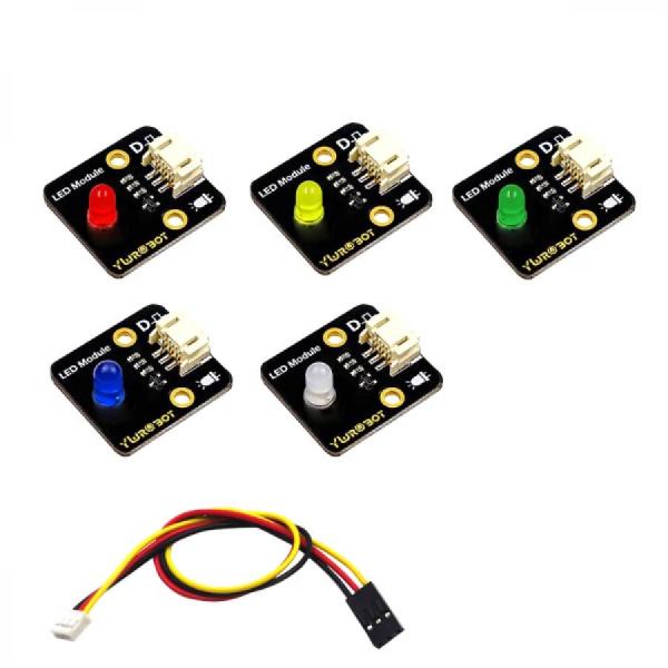 디바이스마트,MCU보드/전자키트 > 디스플레이 > LED,YwRobot,아두이노 5mm LED 모듈 5색 세트 + 와이어 [YEA200202],역방향 전원 방지 인터페이스 / 레드,옐로우,그린,블루,화이트 5색 세트 / 크기 : 28x25mm / 밝기 : 보통 / LED : 5mm LED / 전압 : 5V / 입력 : 디지털 레벨 / 모듈 + 와이어 세트