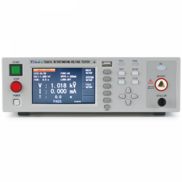 디바이스마트,계측기/측정공구 > 전기/전자 계측기 > 내전압시험기,Trinix,내전압시험기 TX5020,AC5KV / 20mA / 480x272 Dot-matrix, TFT-LCD 디스플레이 / 급속 방전 및 아크 검출 / PC 인터페이스 : (HANDLER, RS232, USBDRV(PC interface), USBHOST(USB port)