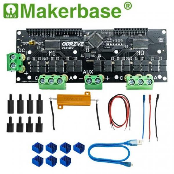 디바이스마트,기계/제어/로봇/모터 > 모터드라이버 > BLDC모터 드라이버 > 500W 이상 BLDC 모터드라이버,Makerbase,ODrive V3.6 BLDC 모터 드라이버,BLDC 모터용 듀얼 드라이버 보드 / ODrive V3.6 기반 / 입력전압: 12~48V / 최대 전류: 120A / STM32F405 / 3상 BLDC 모터 지원 / 포지션·스피드·토크 제어 / PWM·UART·CAN 등 다양한 인터페이스