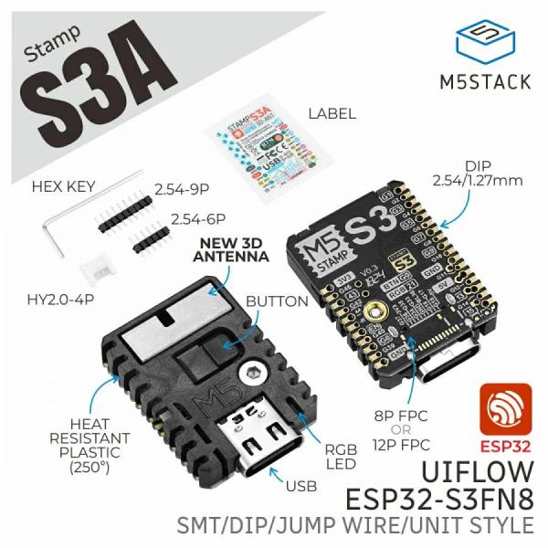 디바이스마트,오픈소스/코딩교육 > 파이썬/IoT 개발 보드 > M5STACK > 컨트롤러,M5Stack,M5StampS3A ESP32S3 Module [S007-V033],ESP32-S3FN8 기반의 Stamp-S3A 모듈, 240 MHz 듀얼코어 프로세서, 8 MB Flash, 23개의 GPIO, 프로그래머블 RGB LED 및 버튼 포함, 2.4 GHz Wi-Fi 지원, SMT/DIP 핀 헤더로 손쉬운 PCB 통합 가능, UiFlow2, Arduino IDE, ESP-IDF, PlatformIO 호환.