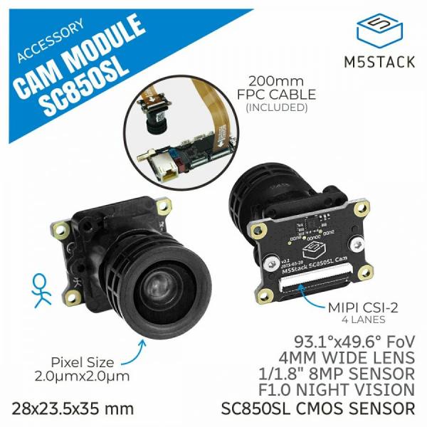 디바이스마트,오픈소스/코딩교육 > 파이썬/IoT 개발 보드 > M5STACK,M5Stack,Camera Module 8MP for LLM630 Kit (SC850SL) [A157],8MP 카메라 모듈 (CamModule SC850SL) / LLM630 Compute Kit 호환 / 4K 비디오 캡처, HDR 지원, 저조도 성능 우수 / MIPI CSI-2 인터페이스 / 200mm FPC 케이블 / AI 비전 응용에 적합.