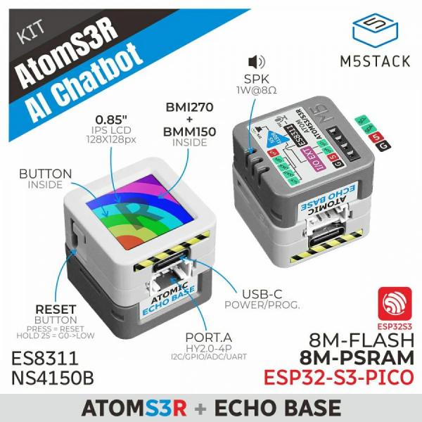 디바이스마트,오픈소스/코딩교육 > 파이썬/IoT 개발 보드 > M5STACK > 컨트롤러,M5Stack,AtomS3R AI Chatbot Kit (8MB PSRAM) [K147],AI 음성 개발 키트 AtomS3R-AI, ESP32-S3 기반 컨트롤러(8MB Flash + 8MB PSRAM), 9축 IMU, Atomic Echo Base(ES8311 오디오 코덱), XiaoZhi/OpenAI/Volcengine 음성 비서 호환, 실시간 음성 상호작용 및 저지연 인식 지원, 사이즈 및 전원 방식 미제공.