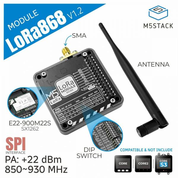 디바이스마트,오픈소스/코딩교육 > 파이썬/IoT 개발 보드 > M5STACK > 센서/모듈,M5Stack,LoRa Module (868Mhz) v1.2 [M029-V12],LoRa868 v1.2 모듈 / 868 MHz 주파수, SX1262 칩 기반, SPI 통신 / Arduino 및 UiFlow2 호환 / 외부 SMA 안테나, DIP 스위치로 핀 선택 가능 / 수신 감도 -147 dBm, 다중 스택 지원 / IoT, 스마트 시티, 산업 자동화에 적합.