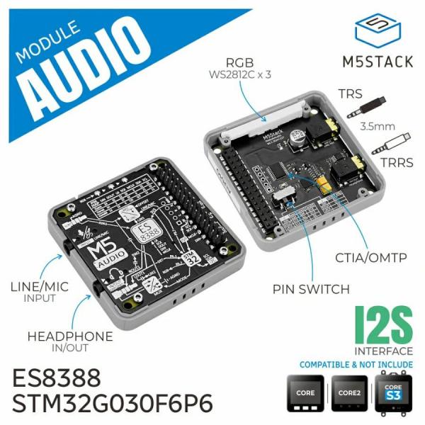 디바이스마트,오픈소스/코딩교육 > 파이썬/IoT 개발 보드 > M5STACK > 센서/모듈,M5Stack,M5Stack Audio Module (ES8388) [M144],M5Stack용 오디오 인터랙션 확장 모듈, ES8388 오디오 코덱, STM32G030F6P6 MCU 제어, TRS 및 TRRS 듀얼 3.5mm 잭, CTIA/OMTP 호환, WS2812C RGB LED 탑재, UiFlow 및 Arduino IDE 지원.