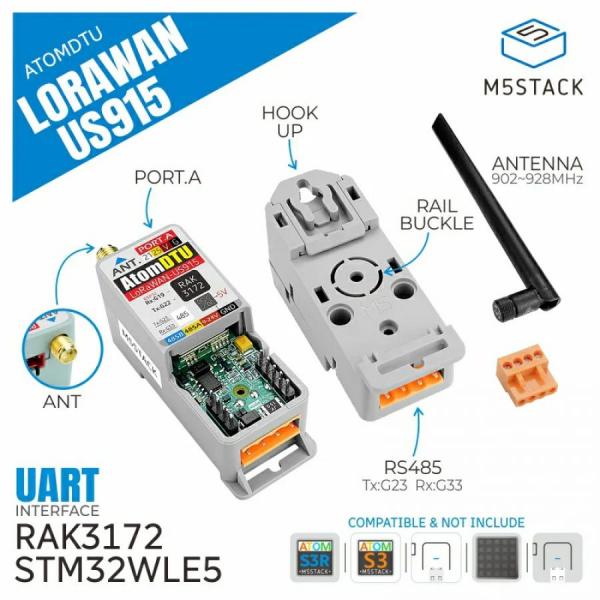 디바이스마트,오픈소스/코딩교육 > 파이썬/IoT 개발 보드 > M5STACK > 센서/모듈,M5Stack,Atomic DTU LoRaWAN Base - US915 (STM32WLE5CC) [A152-US915],Atom DTU LoRaWAN-US915: 915 MHz LoRaWAN 데이터 전송 유닛, STM32WLE5 솔루션, Class A/B/C 지원, UART 및 RS485 인터페이스, DIN 레일 장착 가능, 저전력 및 고감도 안테나, 스마트 농업 및 산업 모니터링에 적합.