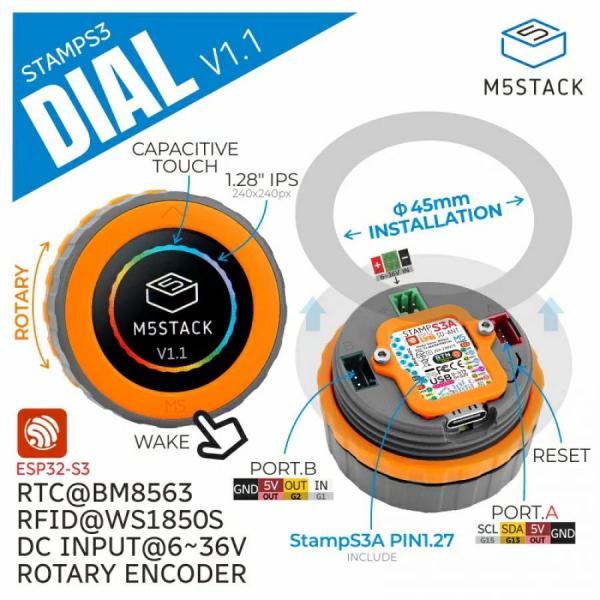 디바이스마트,오픈소스/코딩교육 > 파이썬/IoT 개발 보드 > M5STACK > 컨트롤러,M5Stack,M5Stack Dial v1.1 - ESP32-S3 Smart Rotary Knob with 1.28" Round Touch Screen [K130-V11],고성능 다기능 임베디드 개발 보드, StampS3A 컨트롤러, 1.28인치 원형 TFT 터치 스크린, RFID 모듈, DC 6~36V 전원 지원, PORT.A/B 인터페이스 확장 가능, 스마트 홈, IoT, 웨어러블 등 다양한 응용 분야에 적합.