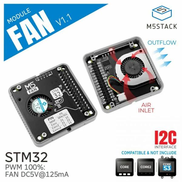 디바이스마트,오픈소스/코딩교육 > 파이썬/IoT 개발 보드 > M5STACK > 센서/모듈,M5Stack,M5Stack Fan Module v1.1 (STM32F030) [M013-V11],M5Stack 스택 시스템용 쿨링 모듈, STM32 마이크로컨트롤러 내장, I2C 프로토콜로 팬 속도 제어 및 고장 보호 기능 지원, UIFlow 1.0/2.0 및 Arduino IDE 호환.
