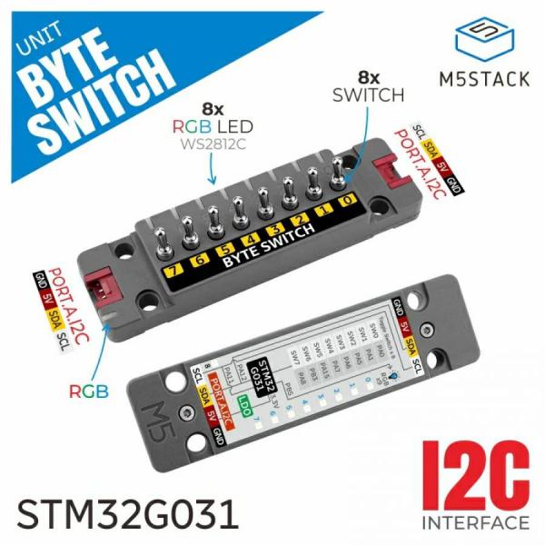 디바이스마트,오픈소스/코딩교육 > 파이썬/IoT 개발 보드 > M5STACK > 센서/모듈,M5Stack,Byte Switch Unit with 8x Switches (STM32G031) [U191],8채널 토글 스위치 입력 유닛, 8개의 토글 스위치와 9개의 WS2812C RGB LED 탑재, STM32 메인 컨트롤러, I2C 통신 지원, UIFlow 1.0/2.0 및 Arduino IDE 호환, 스마트 홈, 게임, 교육 및 산업용 애플리케이션에 적합.