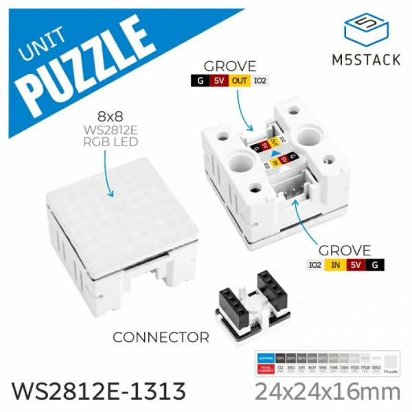 디바이스마트,오픈소스/코딩교육 > 파이썬/IoT 개발 보드 > M5STACK > 센서/모듈,M5Stack,Puzzle Unit 8x8 LED Matrix (WS2812E) [U193],8x8 RGB 배열의 64 WS2812E LED로 구성된 다채로운 조명 제어 유닛, Grove 커넥터 2개 및 IO 포트 지원, 크기 24x24x15mm, 스마트 조명 및 인터랙티브 설치에 적합.