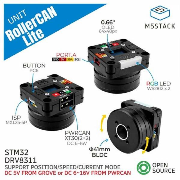 디바이스마트,오픈소스/코딩교육 > 파이썬/IoT 개발 보드 > M5STACK > 센서/모듈,M5Stack,RollerCAN Lite Unit without Slip Ring (STM32) [U188-Lite],Brushless DC 모터 제어 키트 / 6-16V DC 또는 5V 전원 입력 / FOC 폐쇄 루프 드라이브 시스템, 3504 200KV 모터 / 최대 0.5A 지속 전류, 1A 단기 전류 / CAN 및 I2C 통신 지원, OLED 디스플레이 및 RGB 표시등 포함.