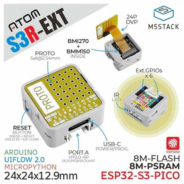 디바이스마트,오픈소스/코딩교육 > 파이썬/IoT 개발 보드 > M5STACK > 컨트롤러,M5Stack,ATOMS3R Proto Kit without Screen (8MB PSRAM) [C126-Ext],AtomS3R Extis ESP32-S3 기반 프로토타입 개발용 확장 가능한 컨트롤러로, 24x24x12mm 크기, 8MB 플래시 및 PSRAM, WiFi 지원, Type-C 전원 및 펌웨어 다운로드, HY2.0-4P 확장 포트, 6개의 GPIO 및 전원 핀, 내장 3축 BMM150 지자기 센서와 6축 BMI270 모션 센서를 갖추어 다양한 주변 모듈 확장 및 기능 검증에 적합합니다.