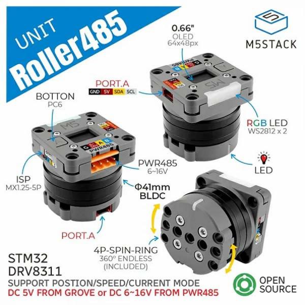 디바이스마트,오픈소스/코딩교육 > 파이썬/IoT 개발 보드 > M5STACK > 센서/모듈,M5Stack,Roller485 Unit with BLDC Motor (STM32) [U182],Brushless DC motor actuator kit (Roller485) with 6-16V DC or 5V power input, FOC closed-loop drive, 3504 200KV motor, max 0.5A continuous current, magnetic encoder for precise control, 360° rotation with slip ring support, 0.66-inch OLED display, LEGO-compatible mounting, open-source hardware/software, and RS485/I2C communication for robotics and automation applications.