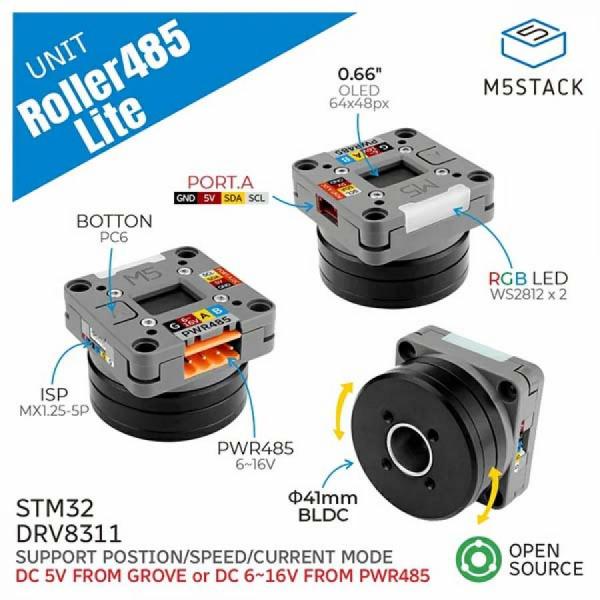 디바이스마트,오픈소스/코딩교육 > 파이썬/IoT 개발 보드 > M5STACK > 센서/모듈,M5Stack,Roller485 Lite Unit without Slip Ring (STM32) [U182-Lite],Brushless DC 모터 제어 키트 / 6-16V DC 또는 5V 전원 입력 / FOC 폐쇄 루프 드라이브 시스템 / RS-485/I2C 통신 지원 / 0.66인치 OLED 디스플레이 및 RGB 표시등 포함 / LEGO 호환 마운팅 홀 및 M3 나사 구멍 / 오픈 소스 하드웨어 및 소프트웨어 / 로봇 관절, 산업 자동화 및 시각적 시연 프로젝트에 적합.