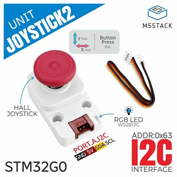 디바이스마트,오픈소스/코딩교육 > 파이썬/IoT 개발 보드 > M5STACK > 센서/모듈,M5Stack,I2C Joystick 2 Unit (STM32G030) [U024-V2],JoyStick2 Unit: STM32G030F6P6 기반의 3축 조이스틱 입력 장치, I2C 통신, 아날로그 X/Y 축 및 디지털 Z 축 버튼 지원, 비접촉식 Hall effect 기술로 높은 정밀도 및 내구성 제공, WS2812 RGB LED 상태 표시, STM32 펌웨어 업그레이드 인터페이스 포함, 게임 및 로봇 제어에 적합.